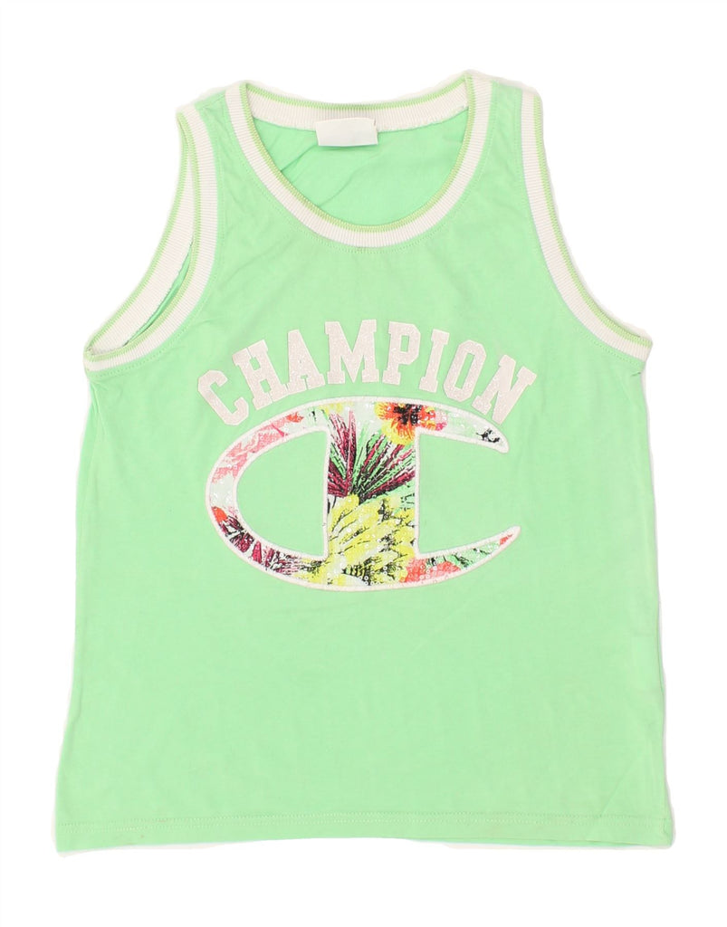 CHAMPION Girls Graphic Vest Top 7-8 Years XS Green Cotton | Vintage Champion | Thrift | Second-Hand Champion | Used Clothing | Messina Hembry 