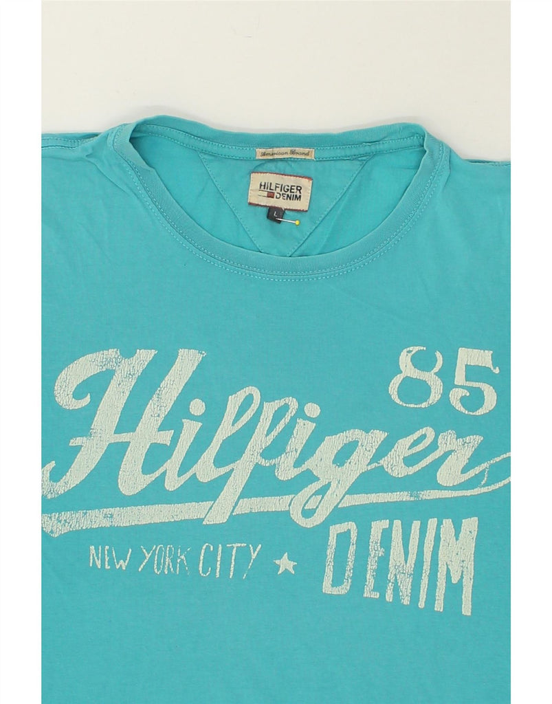 TOMMY HILFIGER Mens Graphic T-Shirt Top Large Blue Cotton Vintage Tommy Hilfiger and Second-Hand Tommy Hilfiger from Messina Hembry 