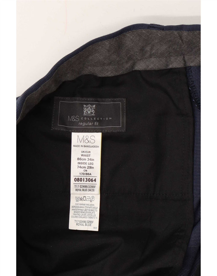 Marks & Spencer Mens Regular Fit Suit Trousers W34 L29 Navy Blue Spotted