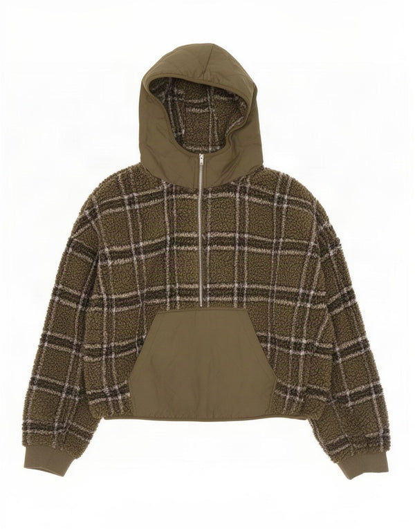 Zara Womens Oversized Zip Neck Hooded Fleece Jumper UK 16 Large Khaki Check