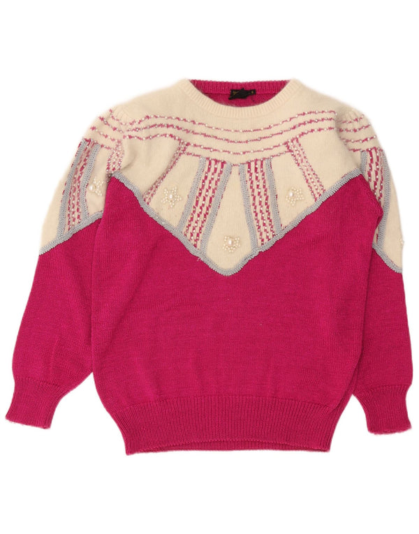 Vintage Womens Crew Neck Jumper Sweater UK 10 Small Pink Colourblock