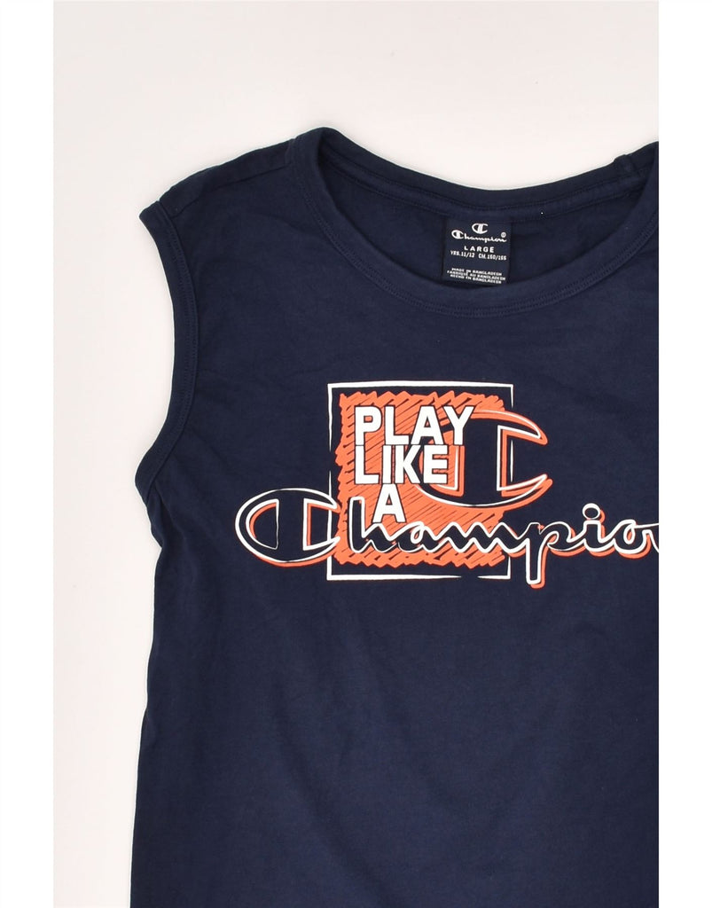 CHAMPION Boys Graphic Vest Top 11-12 Years Large Navy Blue Cotton | Vintage Champion | Thrift | Second-Hand Champion | Used Clothing | Messina Hembry 