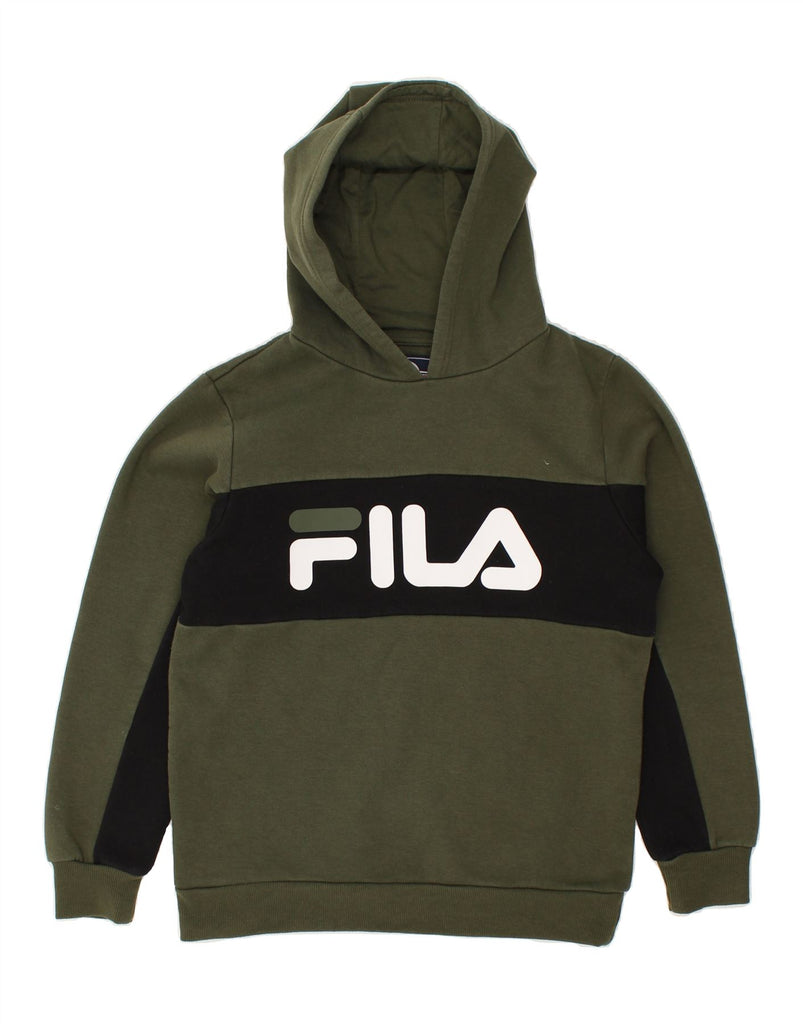 FILA Boys Graphic Hoodie Jumper 13-14 Years Green Colourblock Polyester | Vintage Fila | Thrift | Second-Hand Fila | Used Clothing | Messina Hembry 