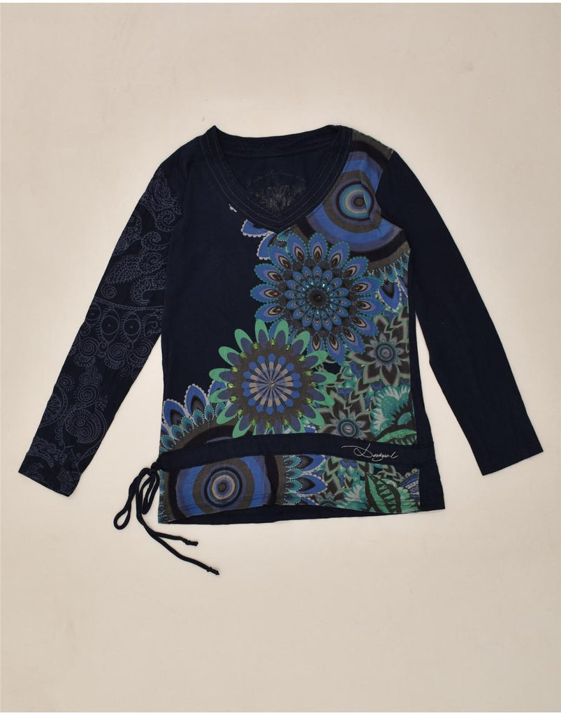 DESIGUAL Womens Graphic Top Long Sleeve UK 12 Medium Navy Blue Cotton | Vintage Desigual | Thrift | Second-Hand Desigual | Used Clothing | Messina Hembry 