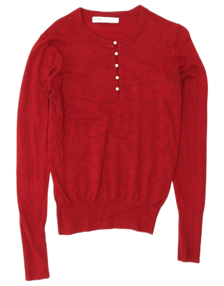 Zara Womens Button Neck Jumper Sweater UK 12 Medium Burgundy Viscose