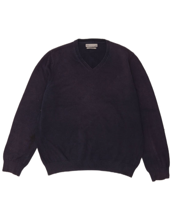 Marks & Spencer Mens V-Neck Jumper Sweater Large Navy Blue Cotton