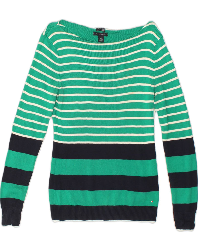 TOMMY HILFIGER Womens Boat Neck Jumper Sweater UK 12 Medium Green Striped | Vintage Tommy Hilfiger | Thrift | Second-Hand Tommy Hilfiger | Used Clothing | Messina Hembry 