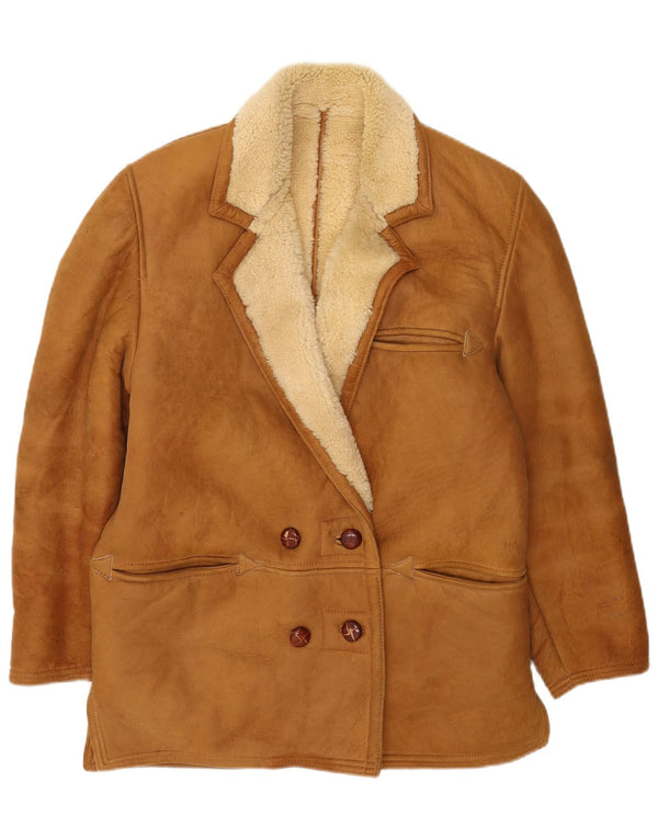 Vintage Womens Double Breasted Shearling Jacket UK 14 Large Beige