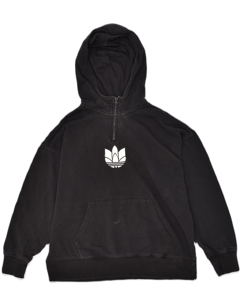 ADIDAS Womens Oversized Zip Neck Hoodie Jumper UK 12 Medium  Black Cotton | Vintage Adidas | Thrift | Second-Hand Adidas | Used Clothing | Messina Hembry 