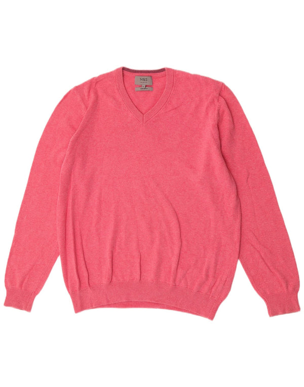 Marks & Spencer Mens V-Neck Jumper Sweater Large Pink Cotton
