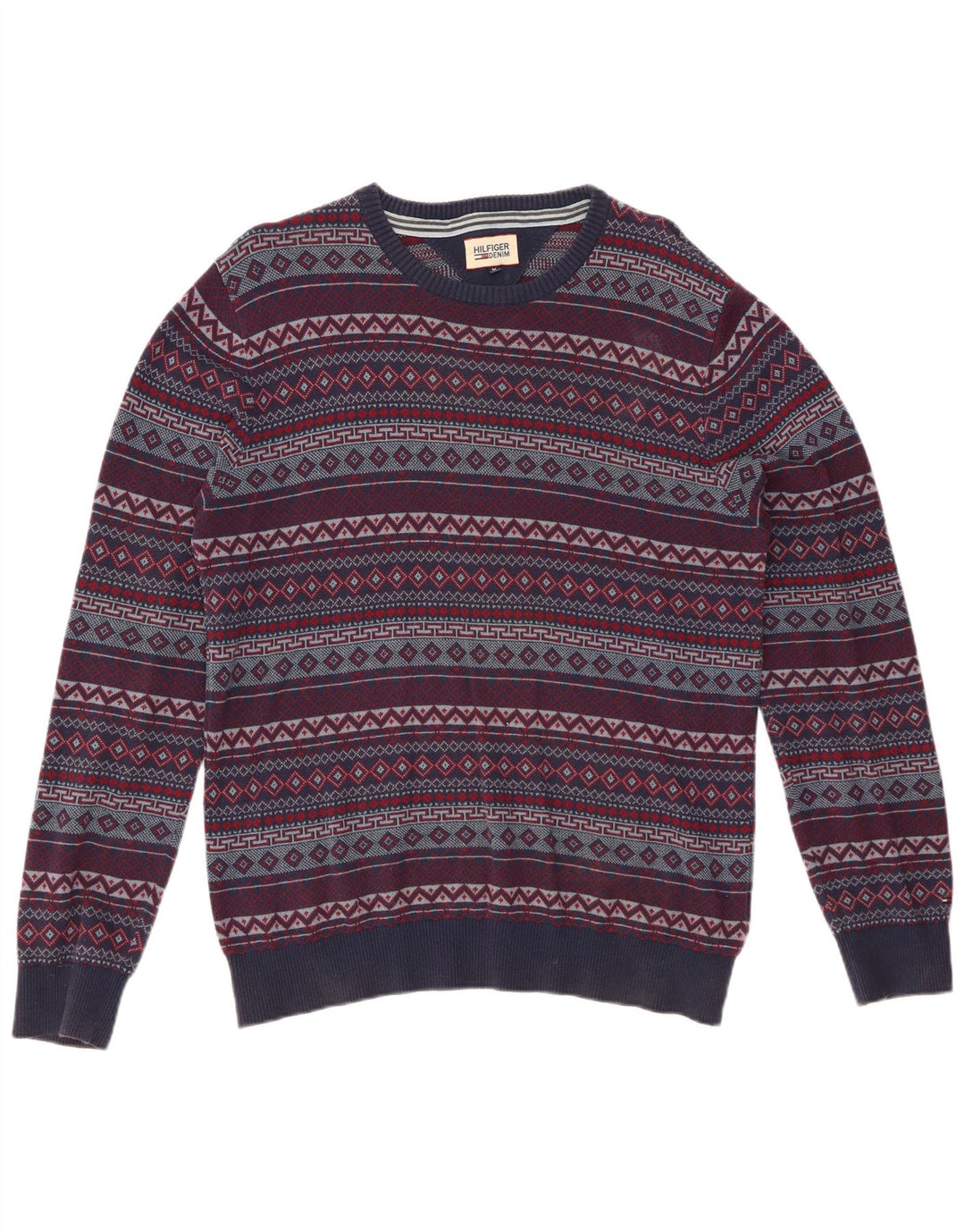 TOMMY HILFIGER Mens Crew Neck Jumper Sweater Medium Navy Blue Fair Isle