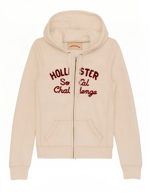 Hollister Womens Graphic Zip Hoodie Sweater UK 12 Medium White Cotton
