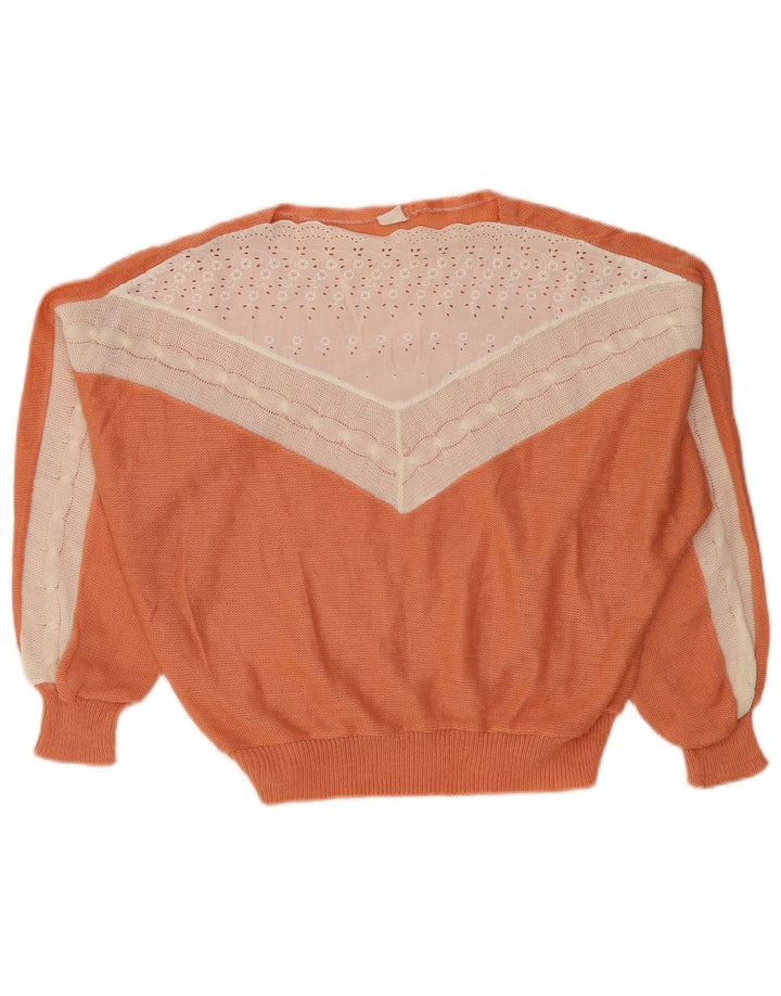 VINTAGE Womens Boat Neck Jumper Sweater UK 14 Medium Orange Colourblock