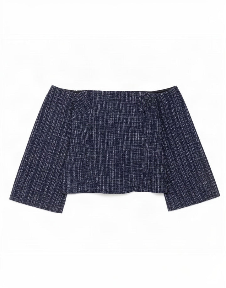 Zara Womens Off Shoulder Top UK 12 Medium Navy Blue Plaid Polyester
