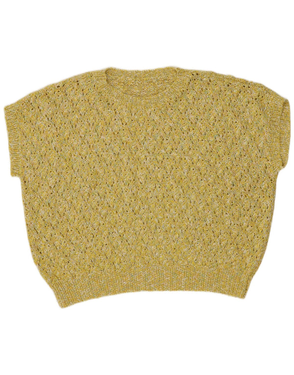 Vintage Womens Crop Boat Neck Jumper Sweater UK 18 XL Yellow Flecked