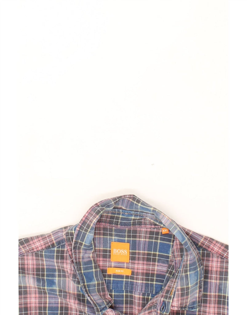 HUGO BOSS Mens Slim Fit Shirt 2XL Blue Check Cotton Vintage Hugo Boss and Second-Hand Hugo Boss from Messina Hembry 