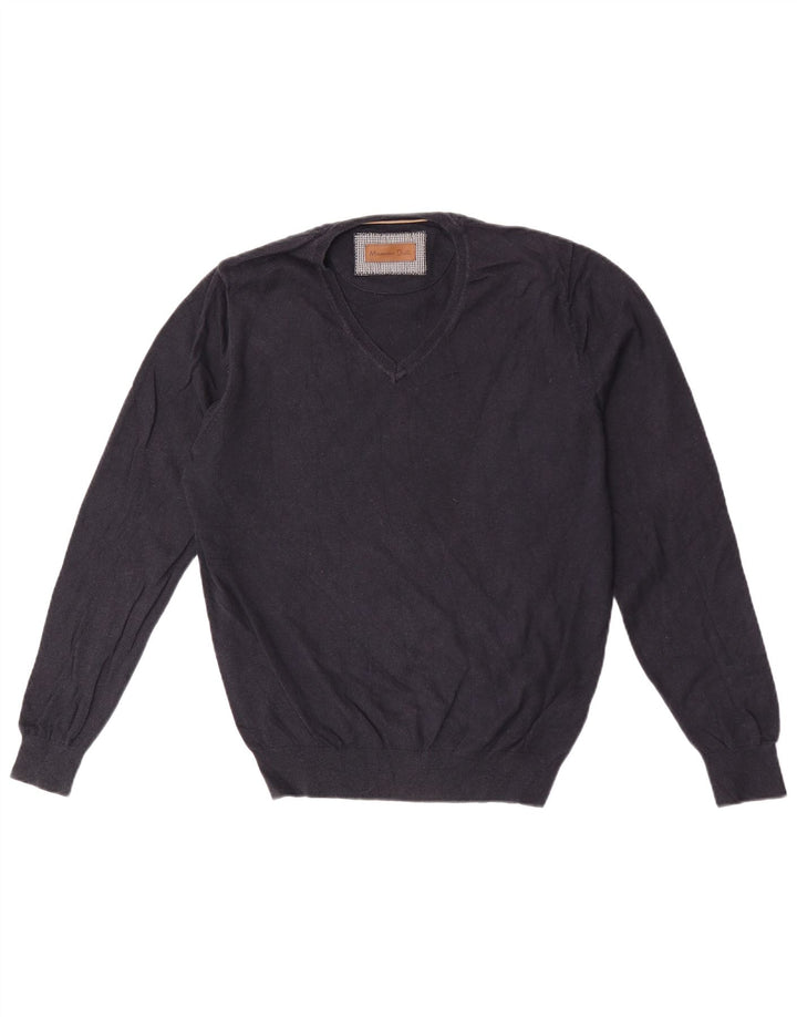 Massimo Dutti Mens V-Neck Jumper Sweater Medium Navy Blue Cotton