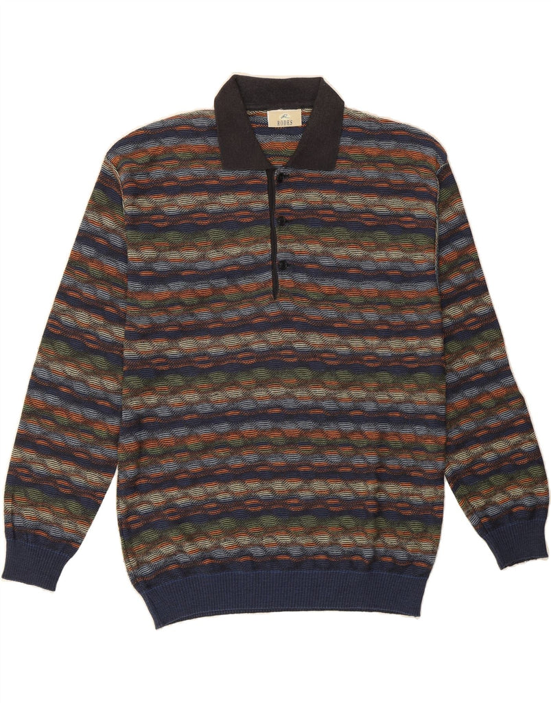 RODES Mens Polo Neck Jumper Sweater Large Multicoloured Striped Cotton Vintage Rodes and Second-Hand Rodes from Messina Hembry 