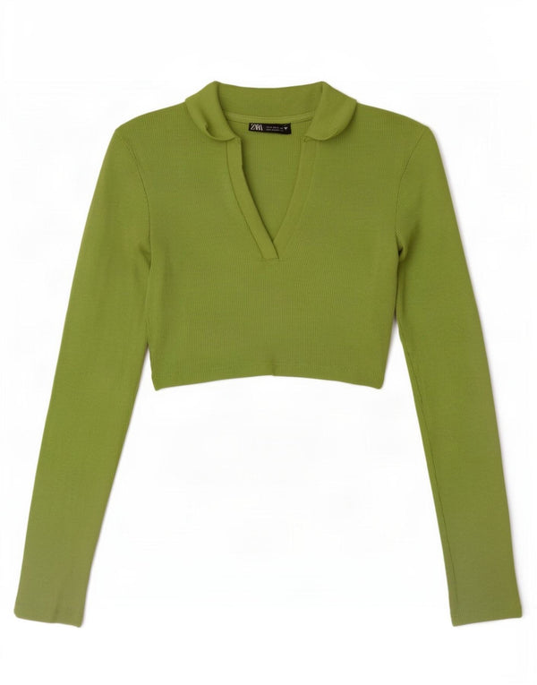 Zara Womens Long Sleeve Crop Polo Shirt UK 8 Small Green
