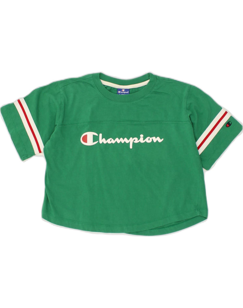 CHAMPION Womens Crop Graphic T-Shirt Top UK 6 XS Green Cotton | Vintage Champion | Thrift | Second-Hand Champion | Used Clothing | Messina Hembry 