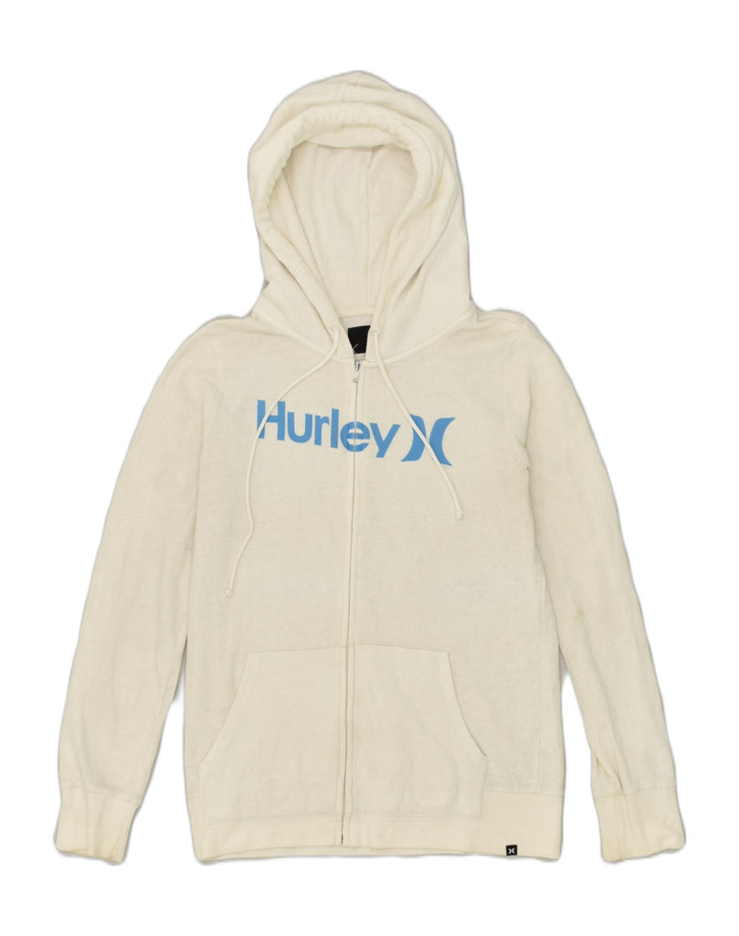 HURLEY Womens Graphic Zip Hoodie Sweater UK 14 Large White Cotton | Vintage Hurley | Thrift | Second-Hand Hurley | Used Clothing | Messina Hembry 