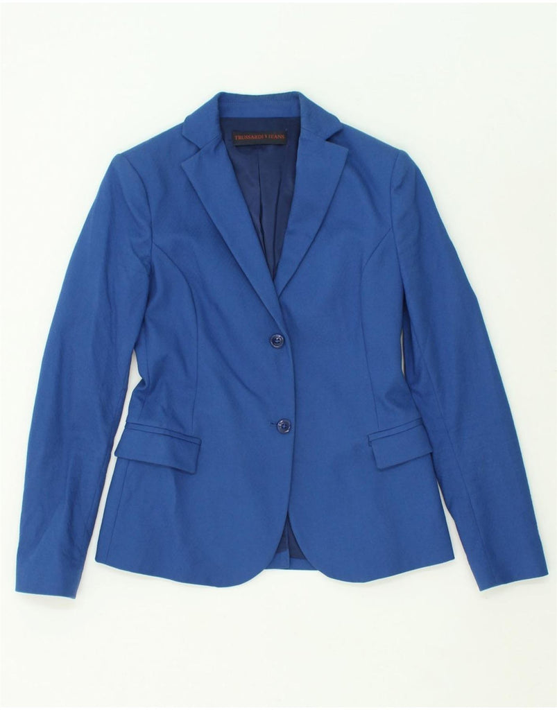 TRUSSARDI Womens 2 Button Blazer Jacket IT 40 Small Blue Cotton | Vintage Trussardi | Thrift | Second-Hand Trussardi | Used Clothing | Messina Hembry 