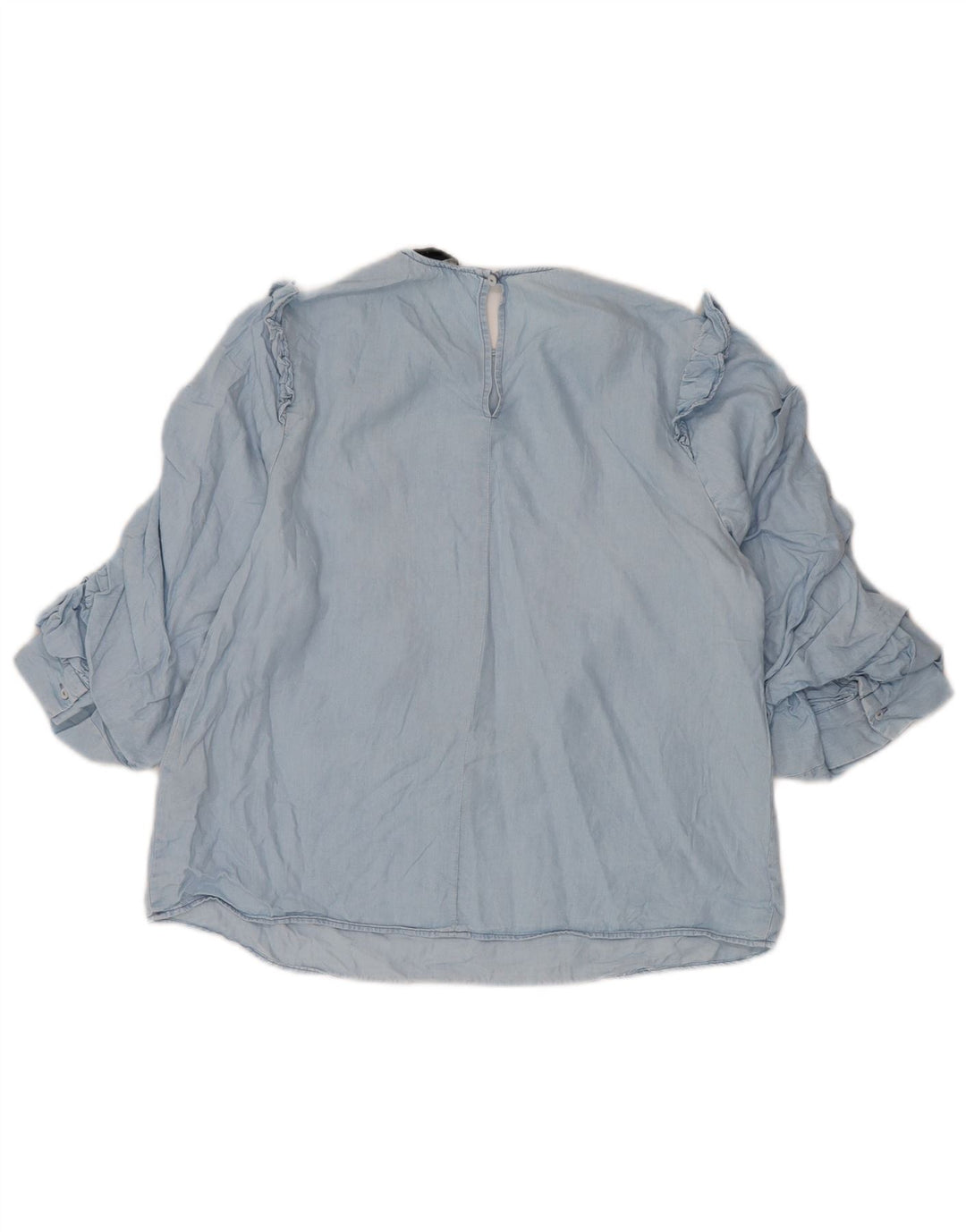 Zara Womens 3/4 Sleeve Ruffle Front Blouse Top UK 10 Small Blue Lyocell