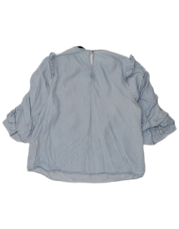 Zara Womens 3/4 Sleeve Ruffle Front Blouse Top UK 10 Small Blue Lyocell