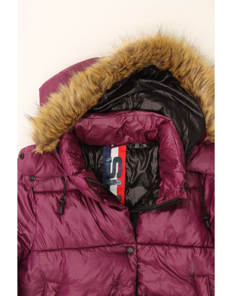 SUPERDRY Womens Hooded Padded Jacket UK 14 Large Burgundy Nylon Vintage Superdry and Second-Hand Superdry from Messina Hembry 