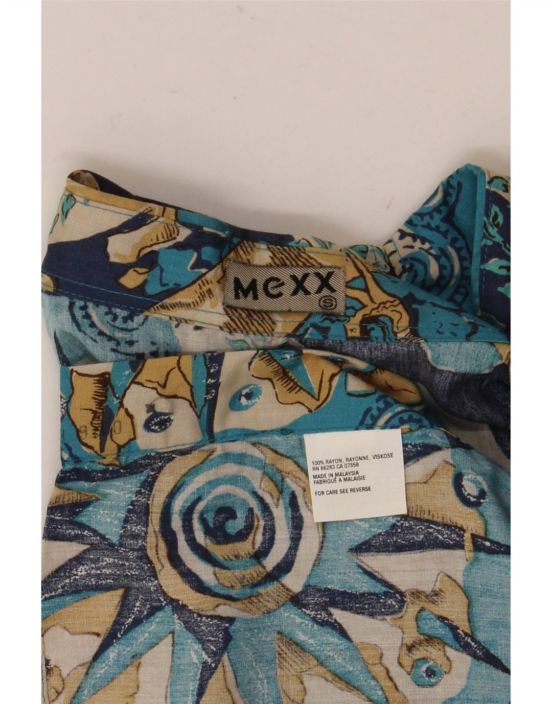 Mexx Mens Short Sleeve Loose Fit Shirt Small Blue Patchwork Rayon