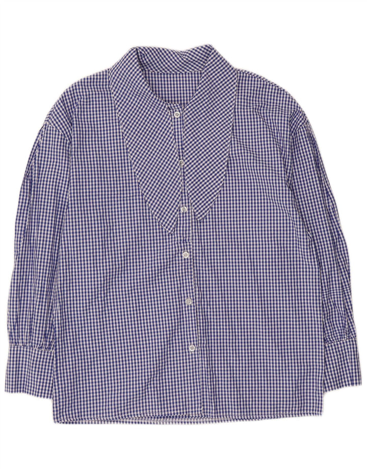 Vintage Womens 3/4 Sleeve Front Tie Shirt Blouse UK 14 Medium Blue Gingham