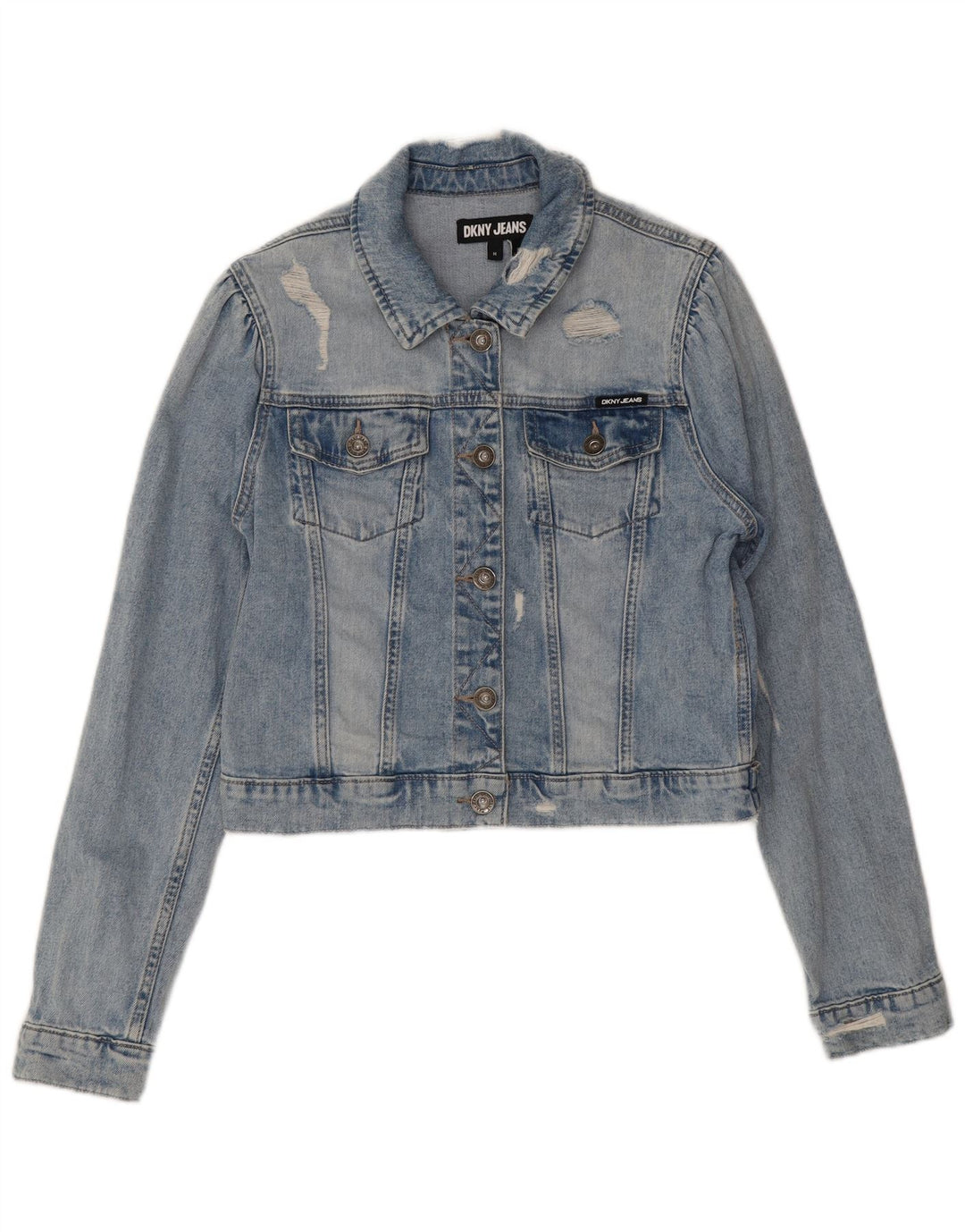 Dkny Womens Crop Distressed Denim Jacket UK 14 Medium Blue Cotton