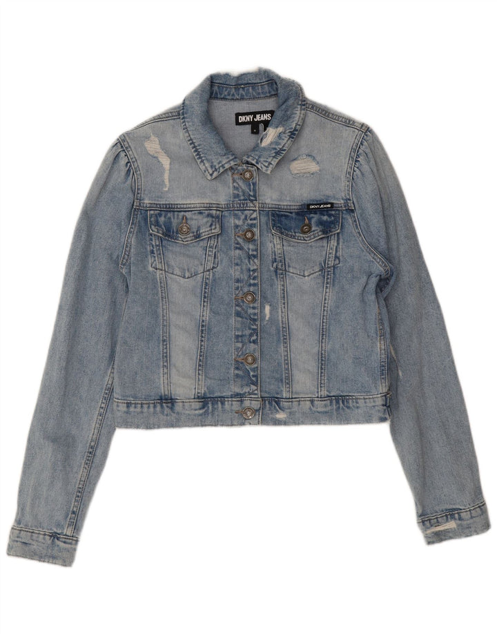Dkny Womens Crop Distressed Denim Jacket UK 14 Medium Blue Cotton