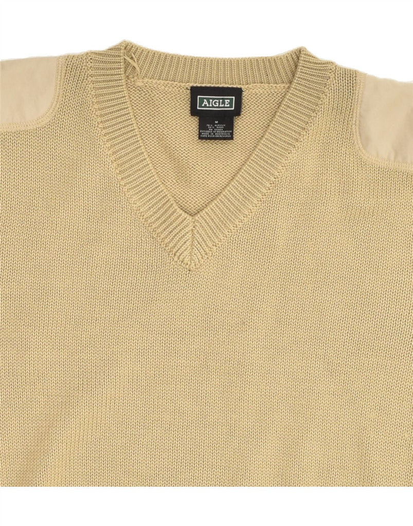 AIGLE Mens V-Neck Jumper Sweater Medium Beige Acrylic | Vintage Aigle | Thrift | Second-Hand Aigle | Used Clothing | Messina Hembry 