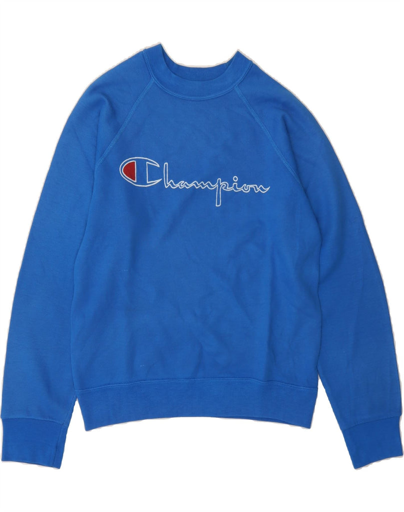 CHAMPION Womens Graphic Sweatshirt Jumper UK 14 Medium Blue Acrylic Vintage Champion and Second-Hand Champion from Messina Hembry 