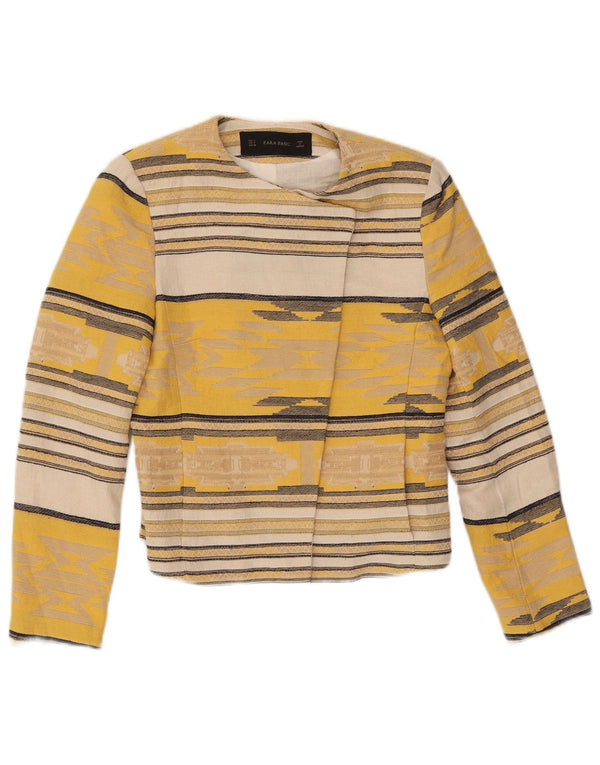 Zara Womens Crop Open Blazer Jacket UK 10 Small Yellow Striped Acetate
