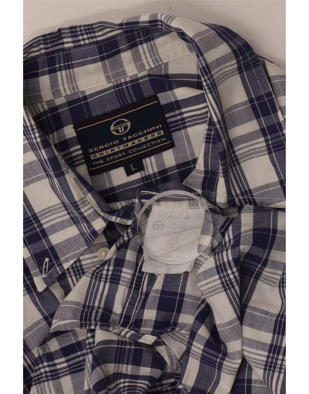 Sergio Tacchini Mens Short Sleeve Shirt Large Navy Blue Check Cotton