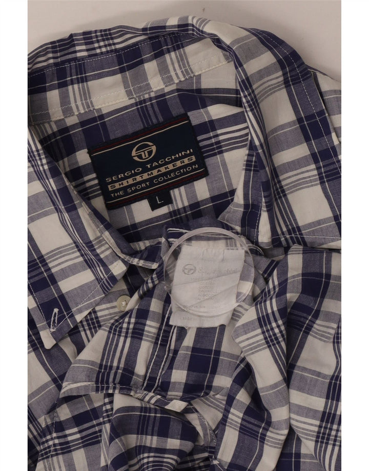 Sergio Tacchini Mens Short Sleeve Shirt Large Navy Blue Check Cotton