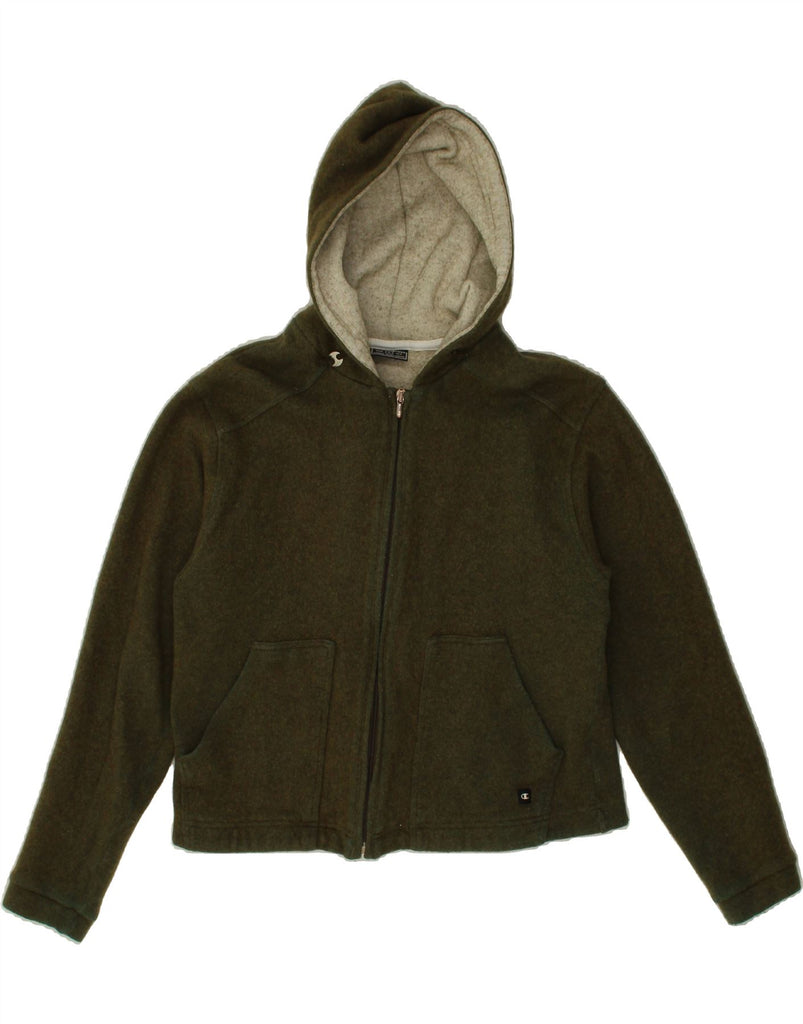 CHAMPION Womens Crop Hooded Cardigan Sweater UK 14 Large Khaki Wool Vintage Champion and Second-Hand Champion from Messina Hembry 