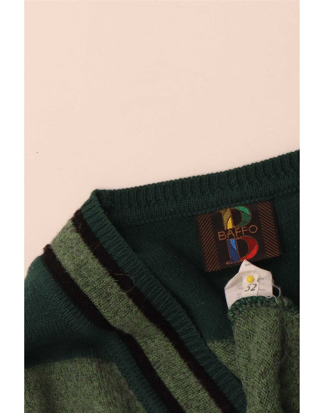 Baffo Mens V-Neck Jumper Sweater IT 52 Large Green Geometric Wool