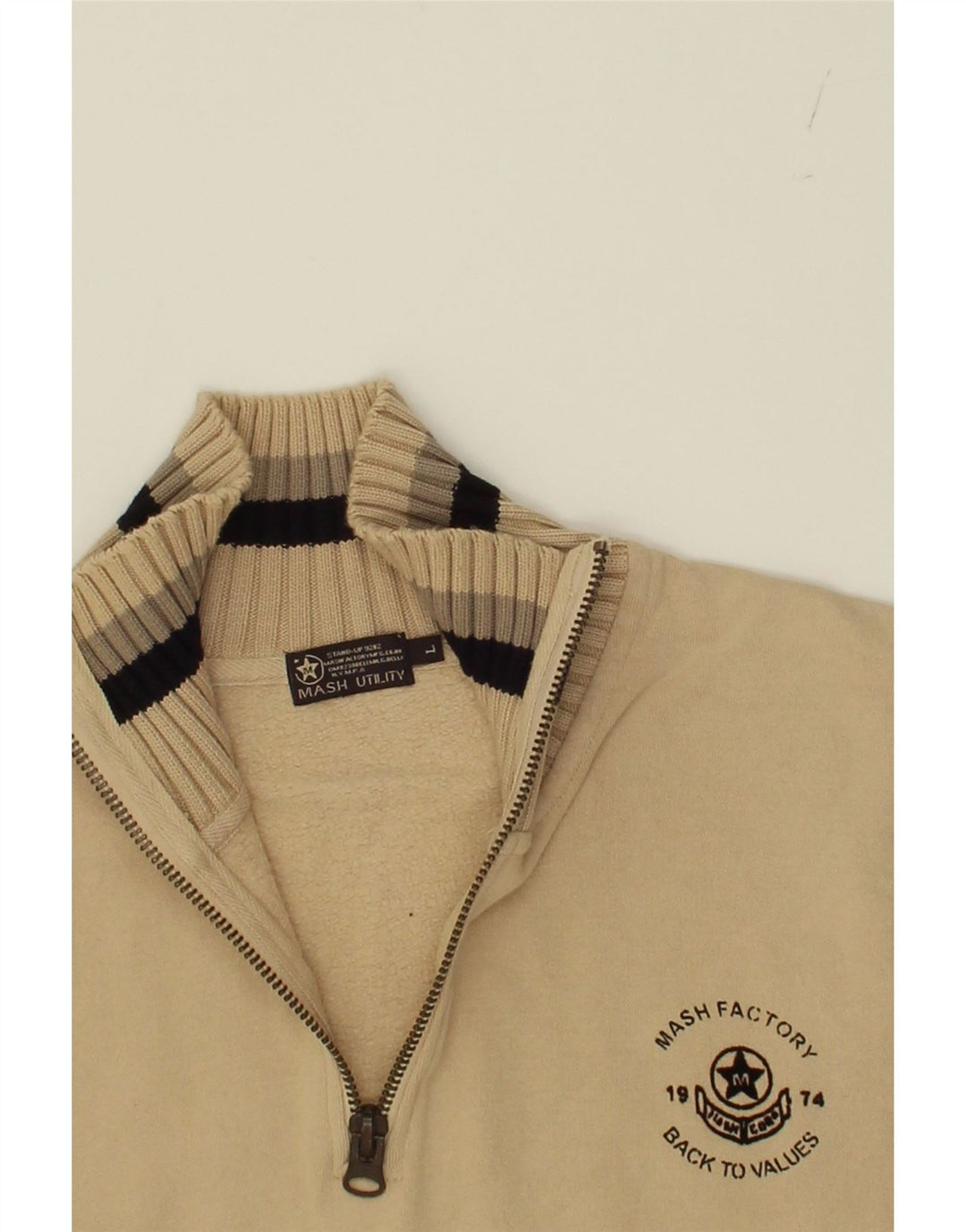 MASH Mens Zip Neck Jumper Sweater Large Beige Cotton Vintage Mash and Second-Hand Mash from Messina Hembry 