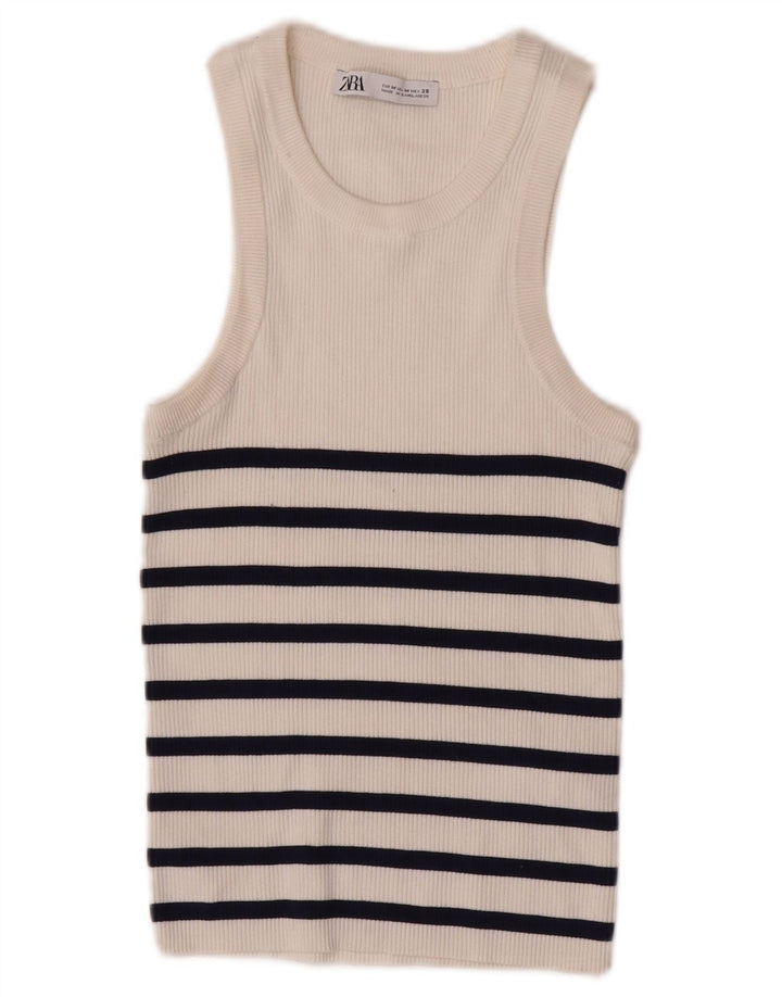 Zara Womens Crop Vest Top UK 12 Medium White Striped Viscose
