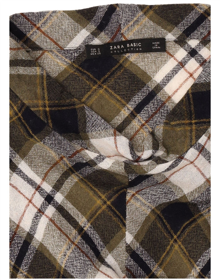 Zara Womens Long Sleeve Blouse Top UK 10 Small Khaki Check