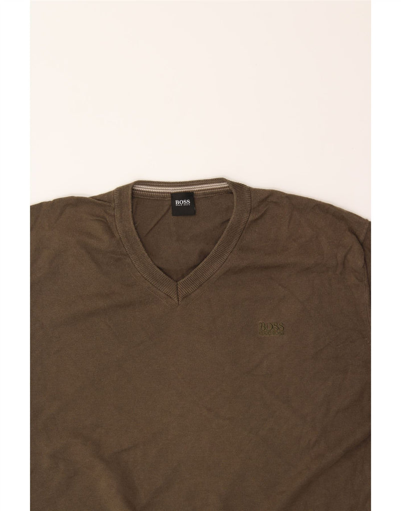 HUGO BOSS Mens V-Neck Jumper Sweater XL Brown Cotton Vintage Hugo Boss and Second-Hand Hugo Boss from Messina Hembry 