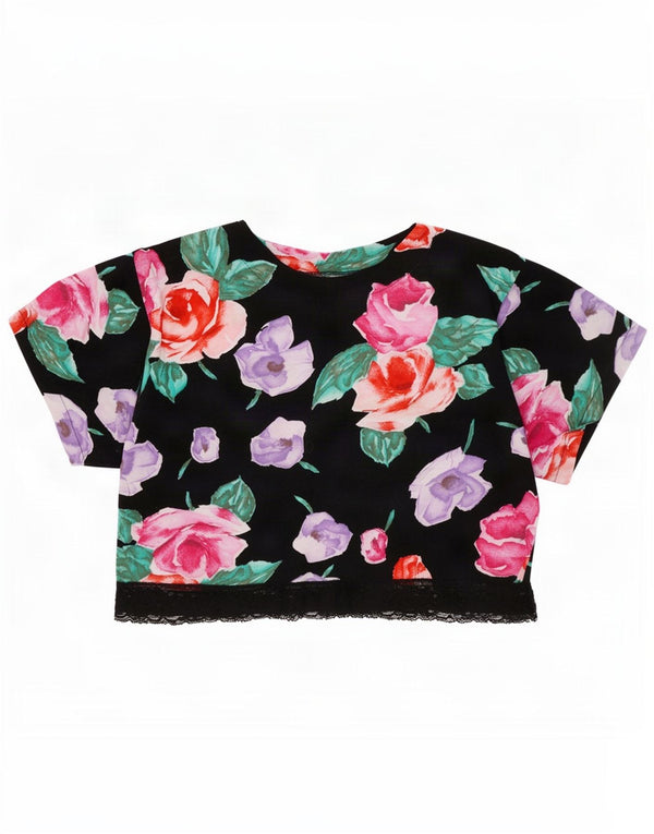 Vintage Womens Crop Top IT 44 Medium Black Floral Cotton