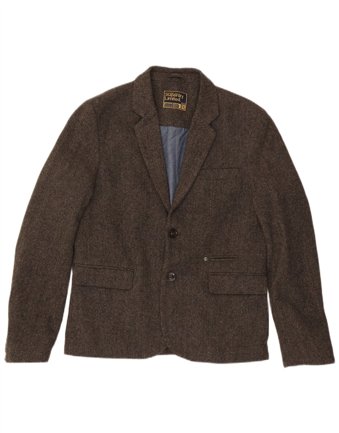 Superdry Mens 2 Button Blazer Jacket UK 44 2XL Brown Herringbone Cotton