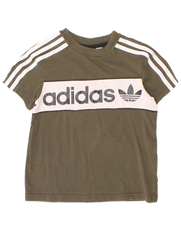 Adidas Boys Graphic T-Shirt Top 5-6 Years Khaki Colourblock Cotton