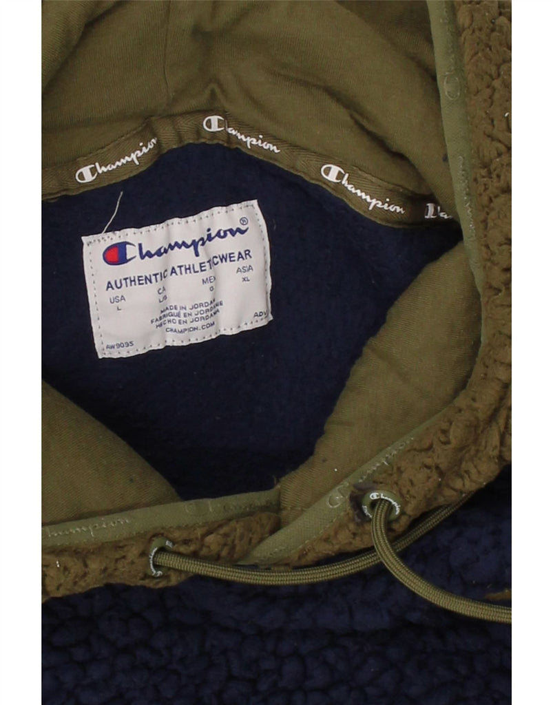 CHAMPION Mens Hooded Fleece Jumper XL Navy Blue Colourblock Polyester Vintage Champion and Second-Hand Champion from Messina Hembry 