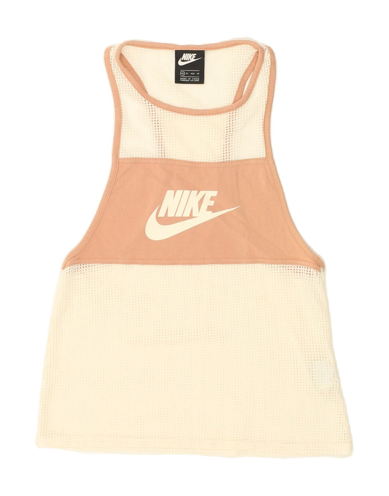 NIKE Womens Graphic Vest Top UK 6 XS Off White Colourblock Polyacrylic | Vintage Nike | Thrift | Second-Hand Nike | Used Clothing | Messina Hembry 