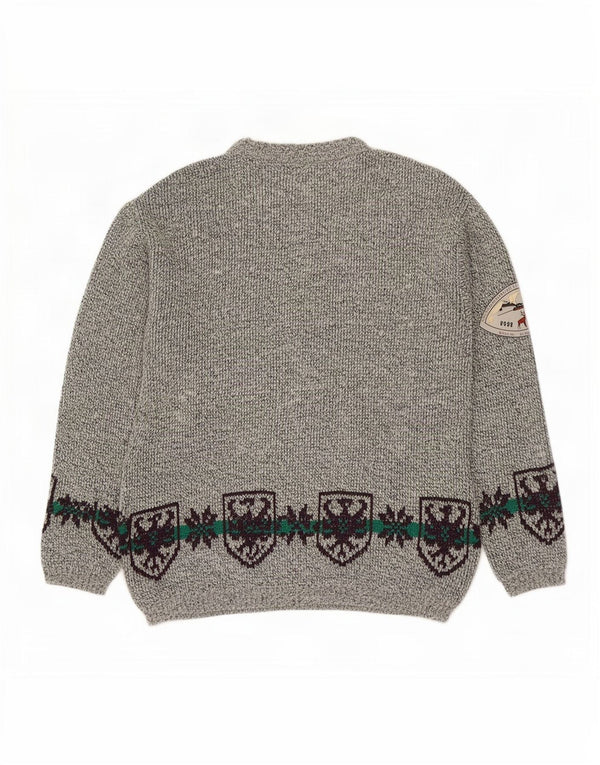 Vintage Mens Crew Neck Jumper Sweater Large Grey Fair Isle Wool